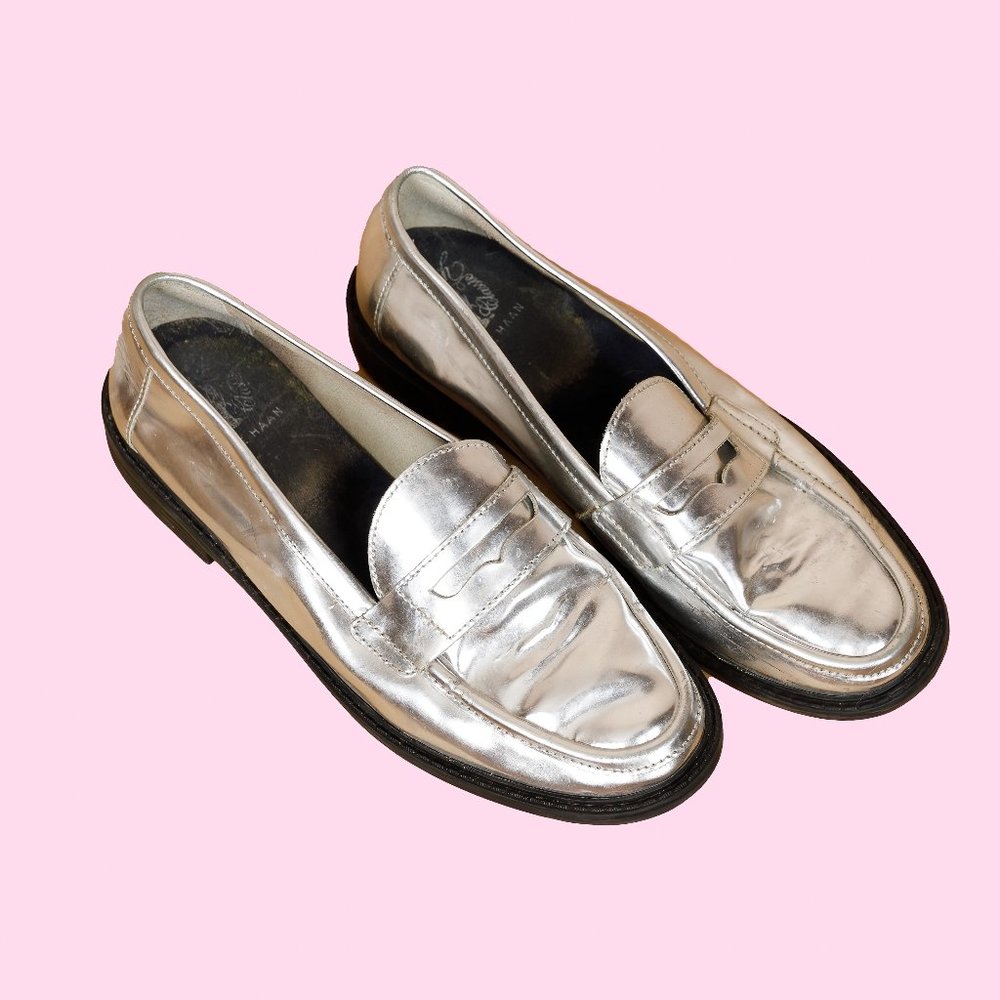 Cole Haan Metallic Silver Loafers, Size 8.5, Pre-Owned